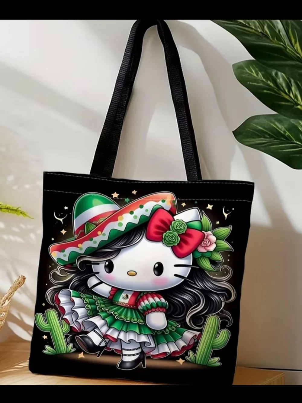 Hello Kitty Black Tote with Green and Red Fiesta Dress Print